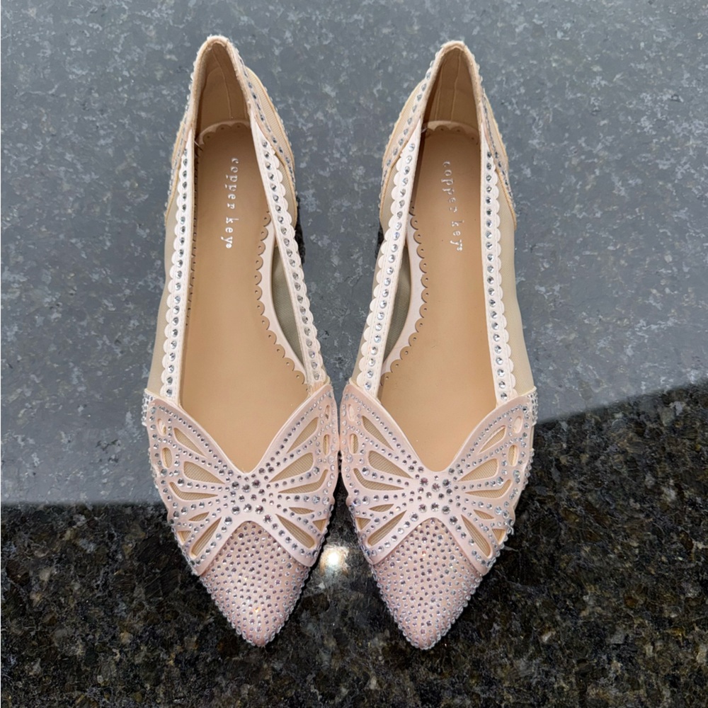 Copper Key Ritzie satin mesh rhinestone butterfly dress flats